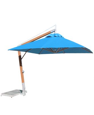 waterproof cantilever parasol with blue canopy and aluminium frame bamboo finish